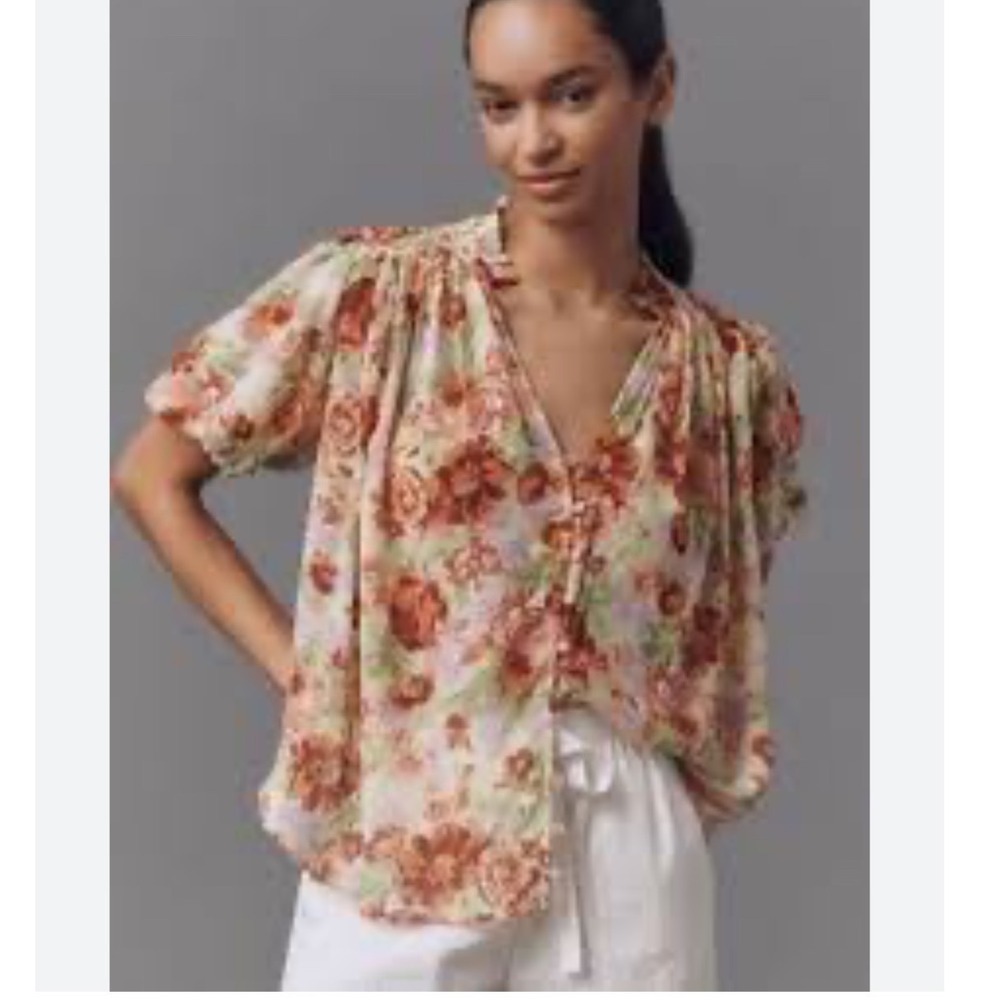 Anthropologie Floral Button Down Blouse Yellow Multi Puff Sleeve Ruffle Neck L